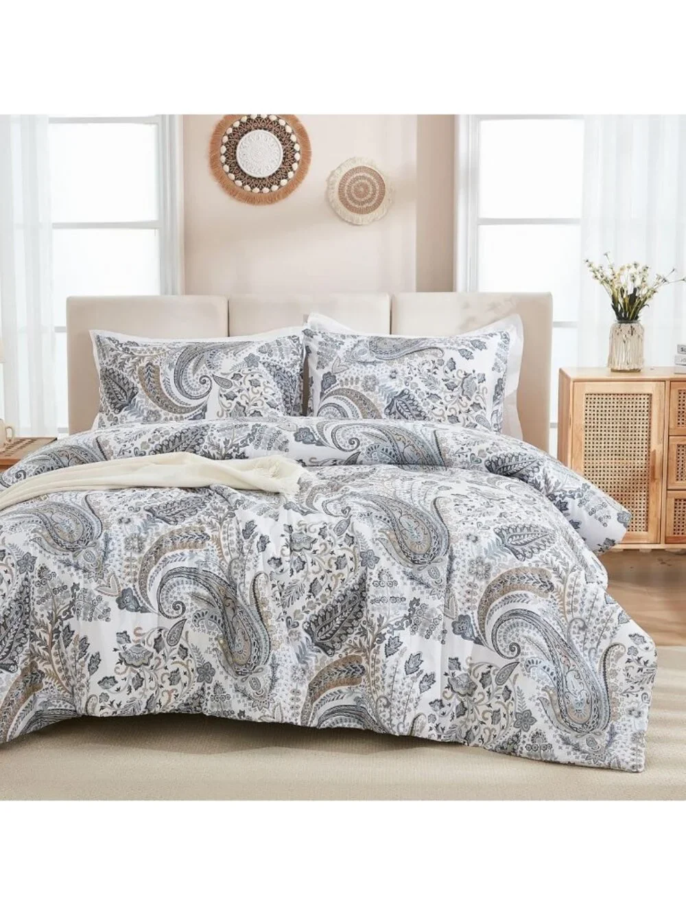 Queen Size Grey Blue Paisley Comforter Set - 3 Piece Lightweight Boho Bedding